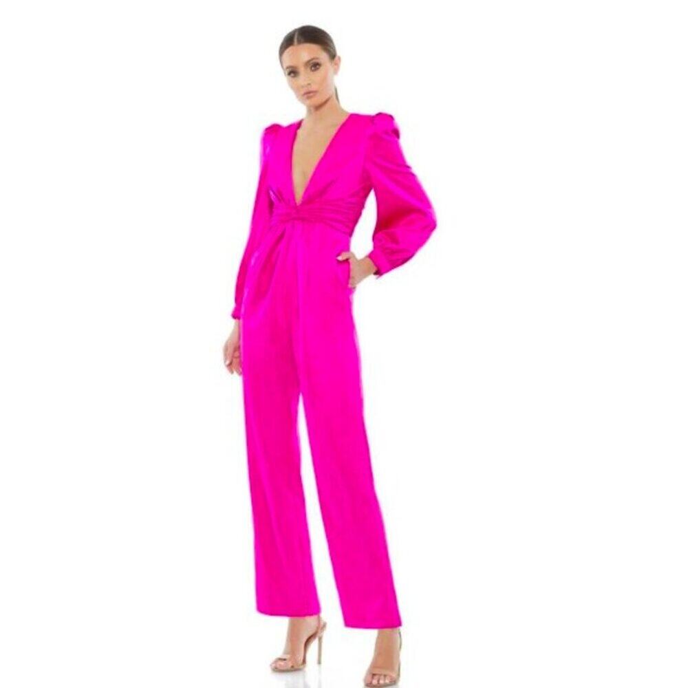 FLAW - NWT Mac Duggal Plunging V Neckline Long Sleeve Jumpsuit Fucshia 2 #7984